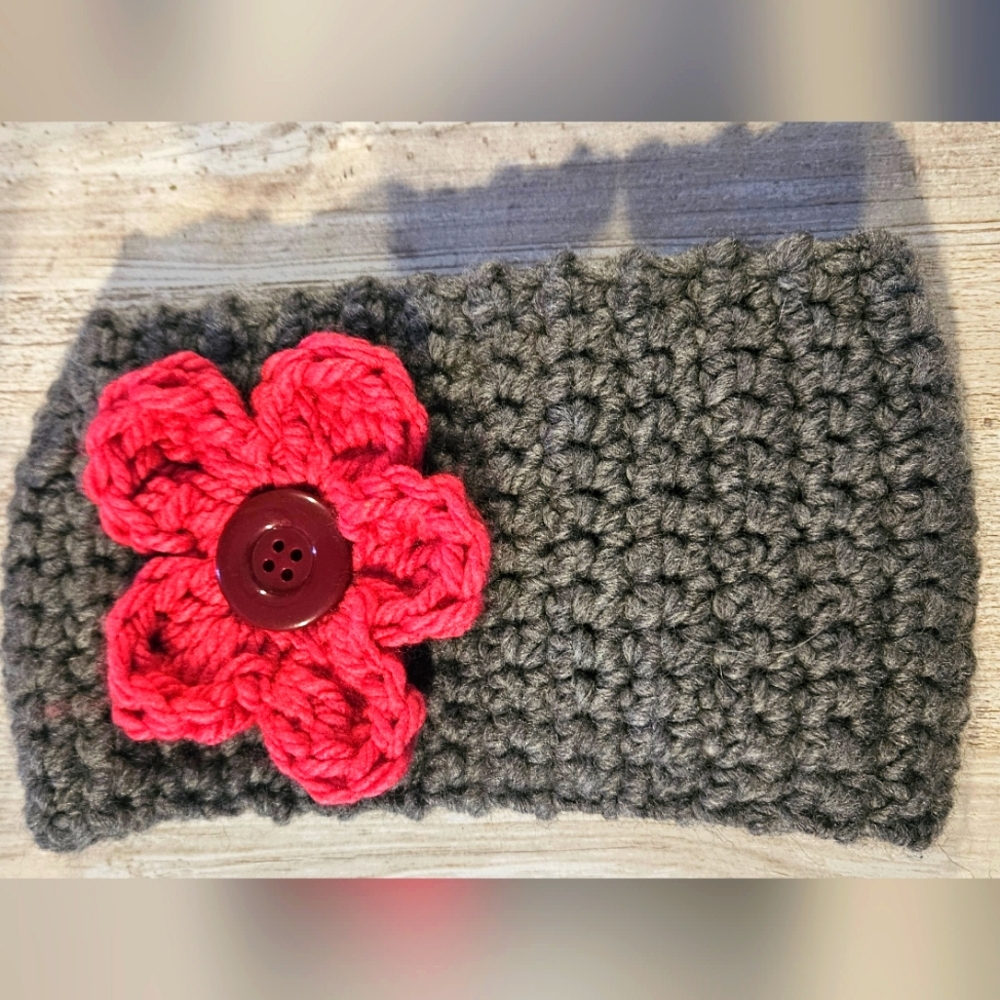 Handmade Gray Knit Headband with Fuschia Flower